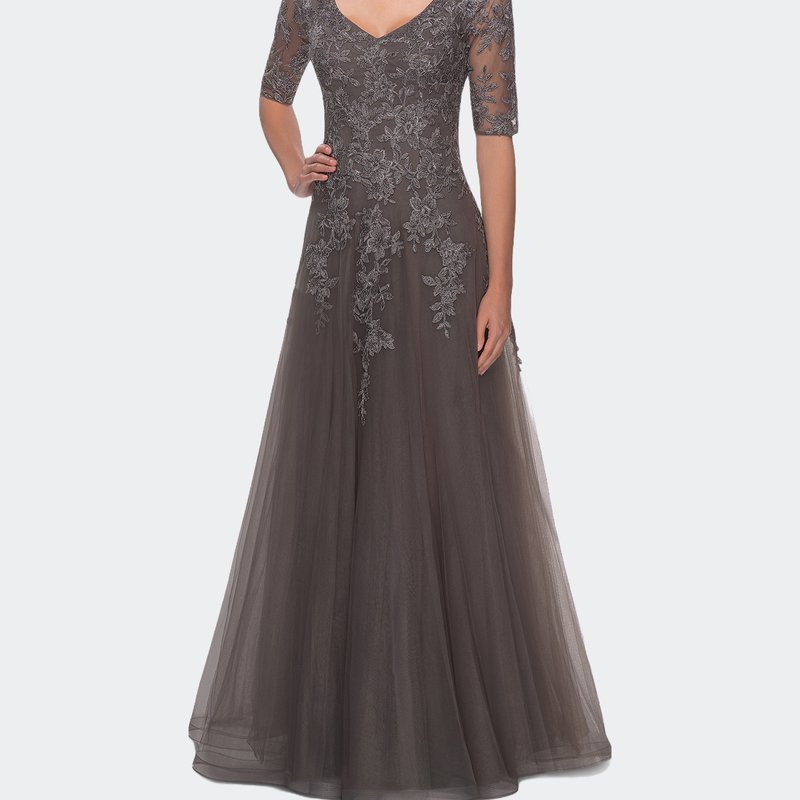 La Femme Long A-line Dress With Lace Bodice And V-neck In Grey