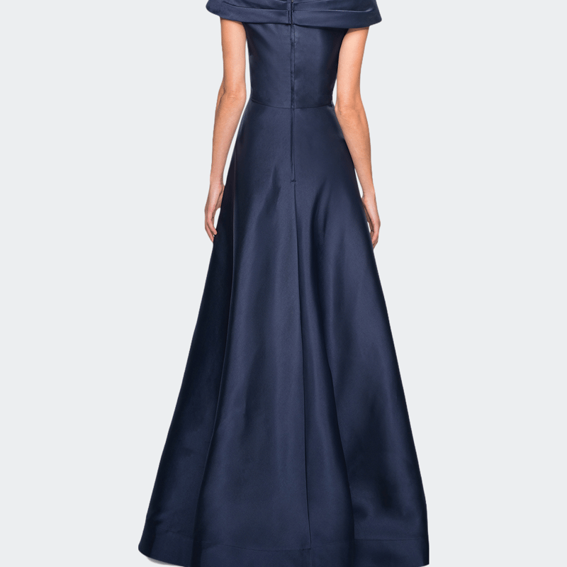 Shop La Femme Long A-line Off The Shoulder Gown With Pockets In Blue
