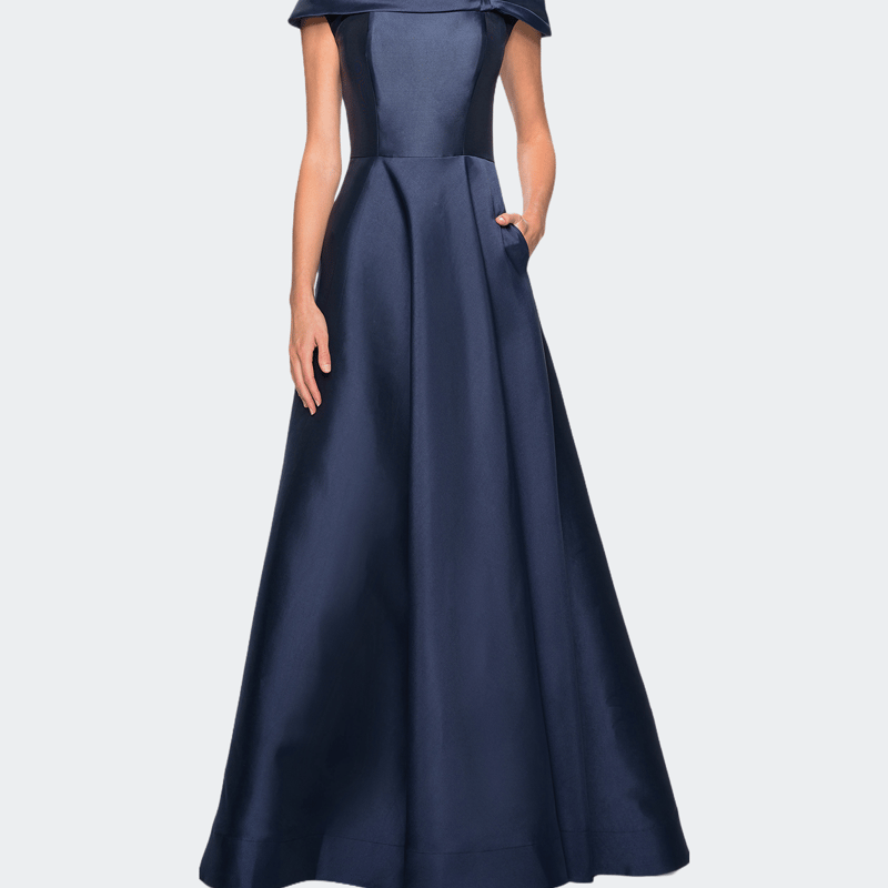 La Femme Long A-line Off The Shoulder Gown With Pockets In Blue