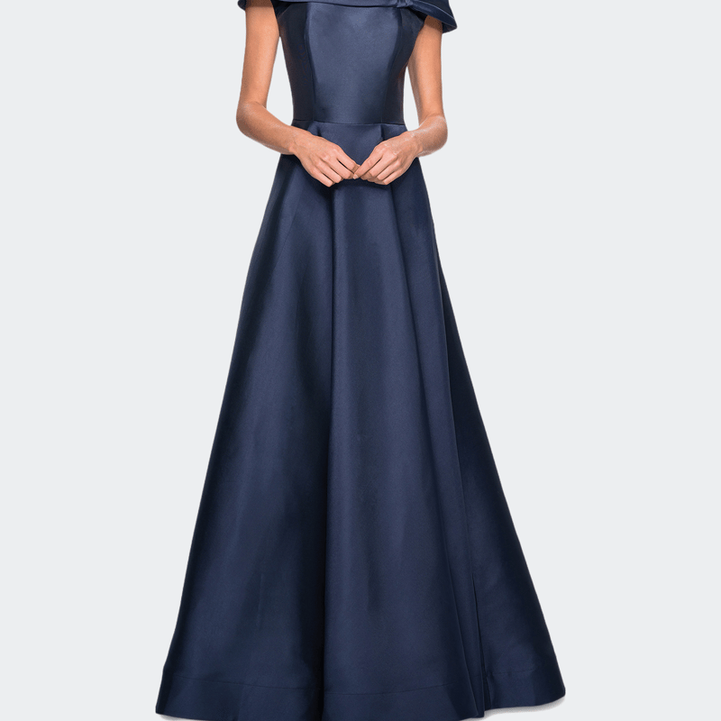 Shop La Femme Long A-line Off The Shoulder Gown With Pockets In Blue