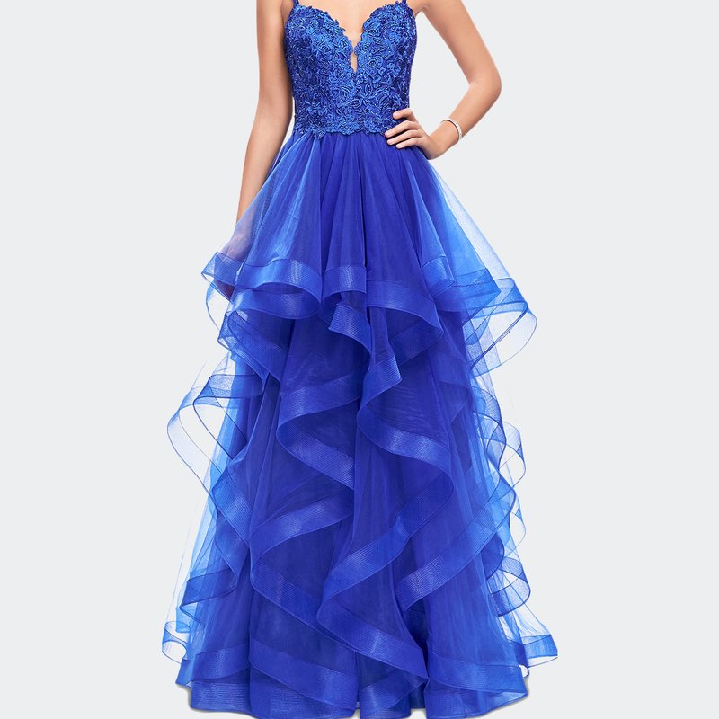 La Femme Long Ball Gown With Tulle Skirt And Beaded Lace Bodice In Blue