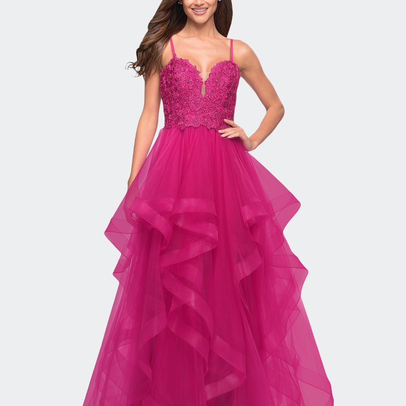 La Femme Long Ball Gown With Tulle Skirt And Beaded Lace Bodice In Pink