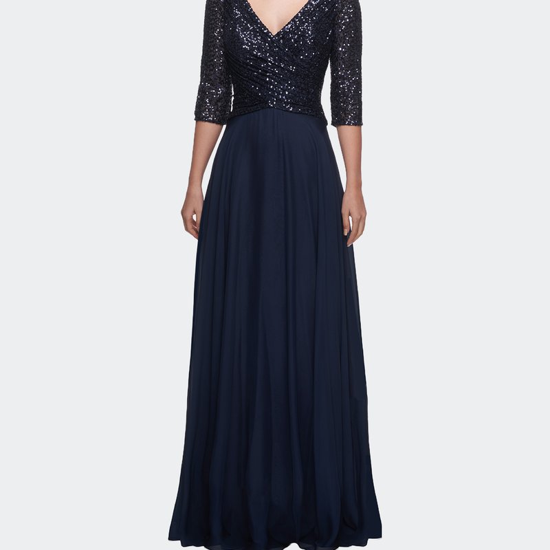 La Femme Long Chiffon Evening Gown With Sequined Bodice In Navy