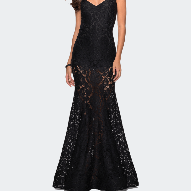 La Femme Long Form Fitting Lace Prom Dress With Attached Shorts In Black