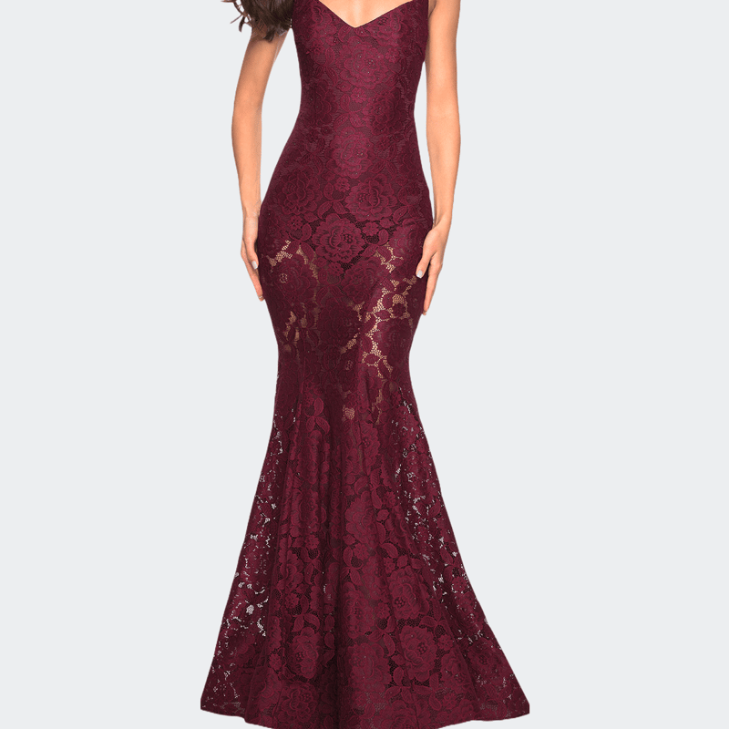 La Femme Long Form Fitting Lace Prom Dress With Attached Shorts In Red