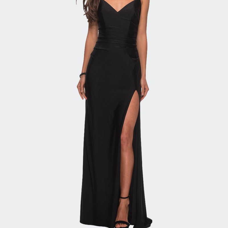 Shop La Femme Long Homecoming Dress With Slit And Criss Cross Back In Black