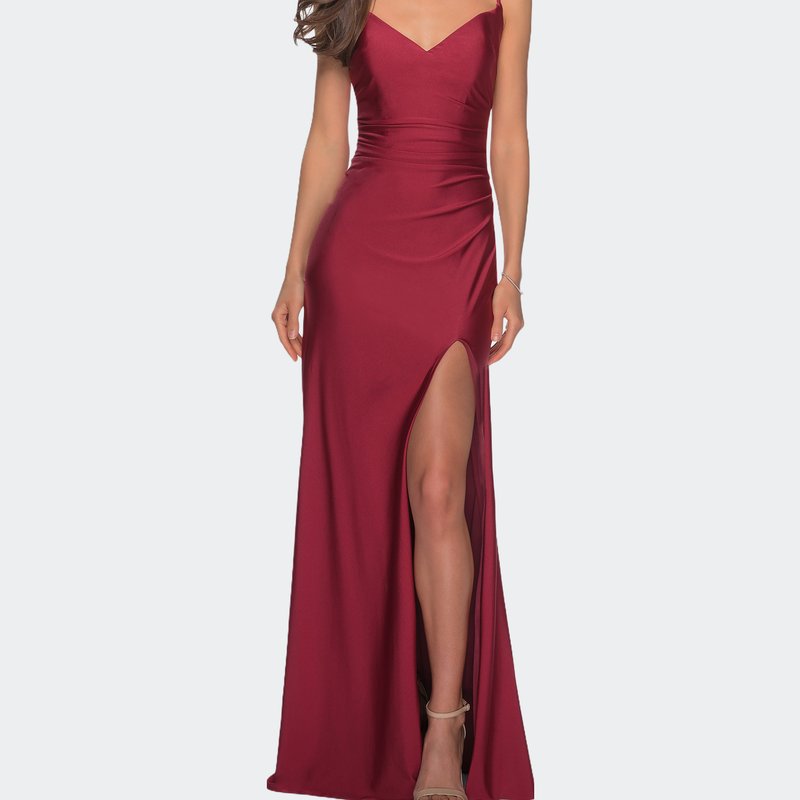 La Femme Long Homecoming Dress With Slit And Criss Cross Back In Burgundy