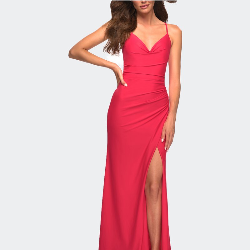 La Femme Long Hot Coral Dress With Flattering Ruching And Slit In Orange
