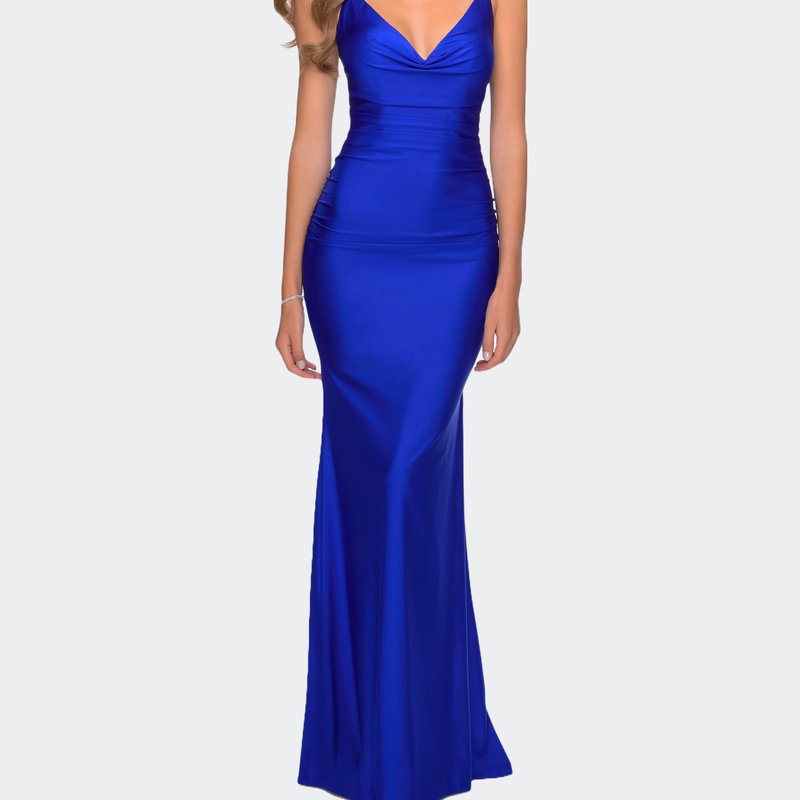 La Femme Long Jersey Dress With Draped V-neckline And Ruching In Blue