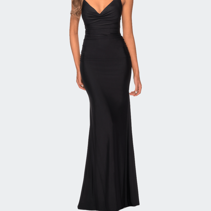 La Femme Long Jersey Dress With Draped V-neckline And Ruching In Black