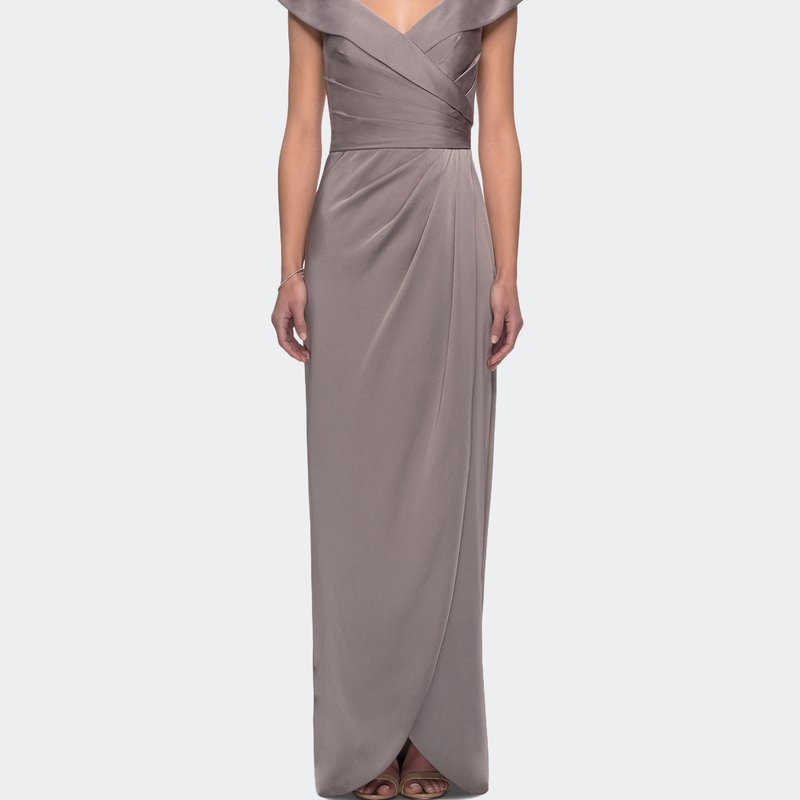 La Femme Long Jersey Dress With Ruching And Cap Sleeves In Brown
