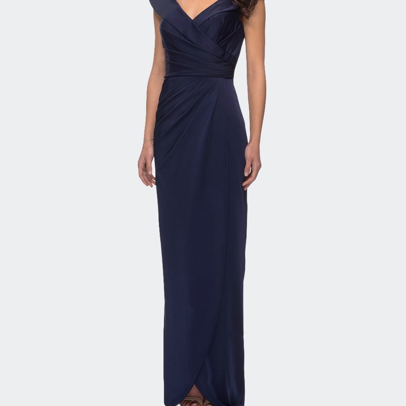 La Femme Long Jersey Dress With Ruching And Cap Sleeves In Blue
