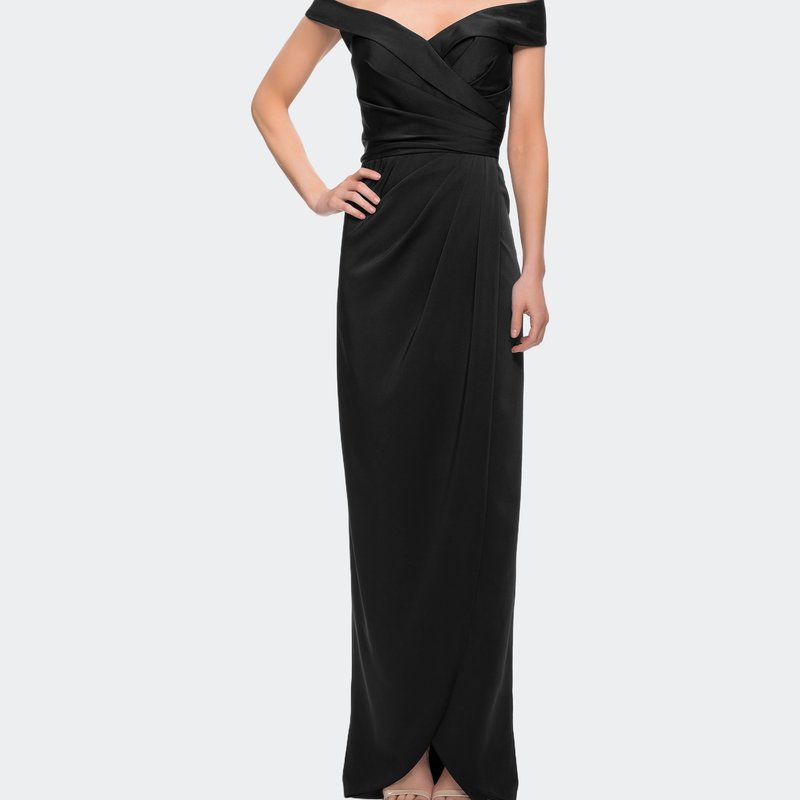 La Femme Long Jersey Dress With Ruching And Cap Sleeves In Black