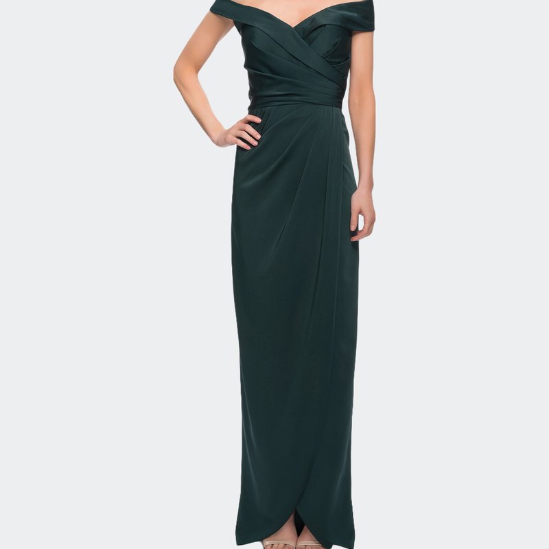 La Femme Long Jersey Dress With Ruching And Cap Sleeves In Green