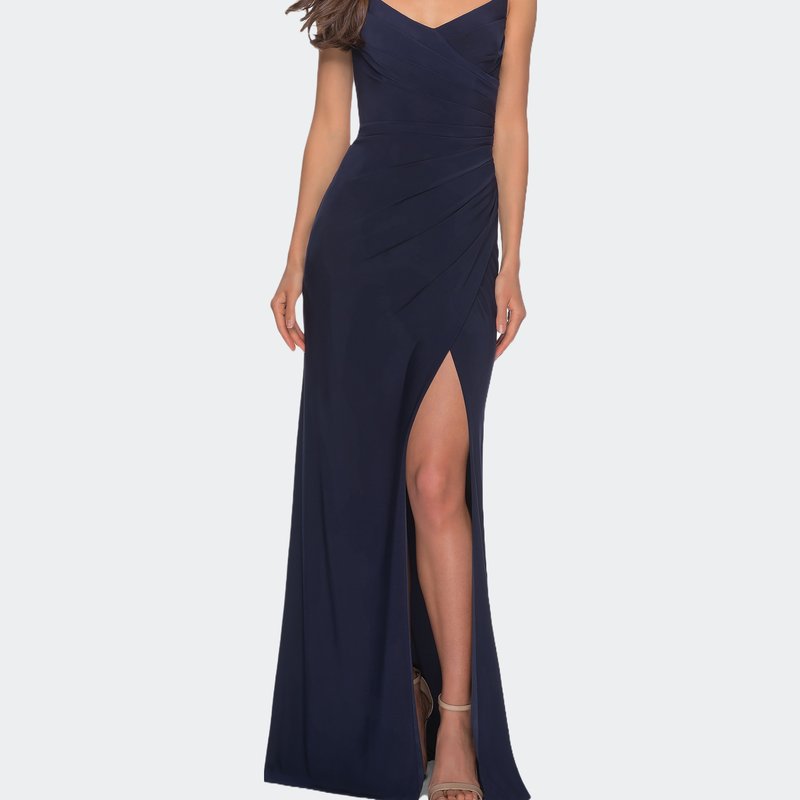 La Femme Long Jersey Dress With V-neck And Open Back In Blue