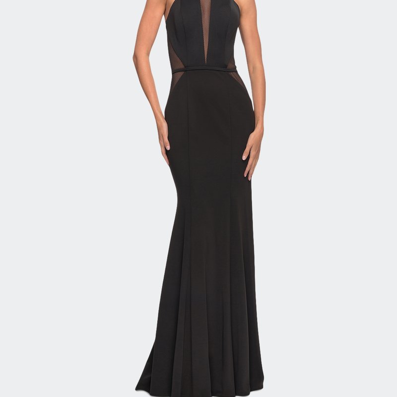 La Femme Long Jersey Prom Dress With Fishnet Detailing In Black