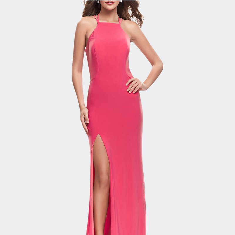 La Femme Long Jersey Prom Dress With Strappy Open Back In Pink