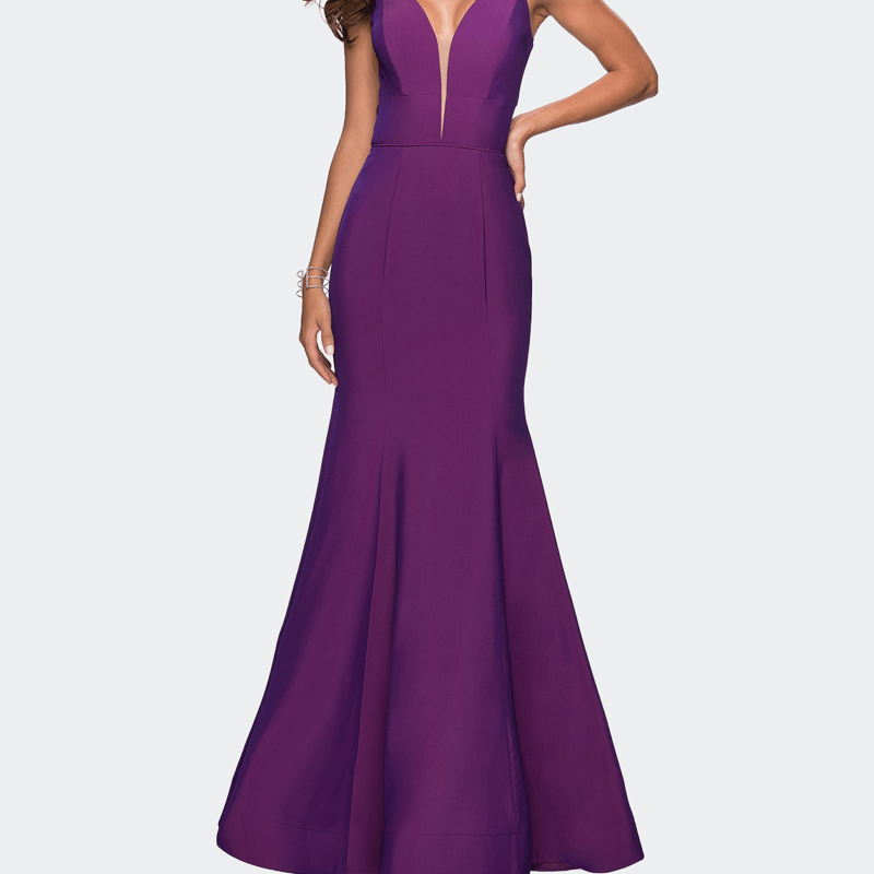 La Femme Long Jersey Prom Gown With Open Strappy Back In Purple