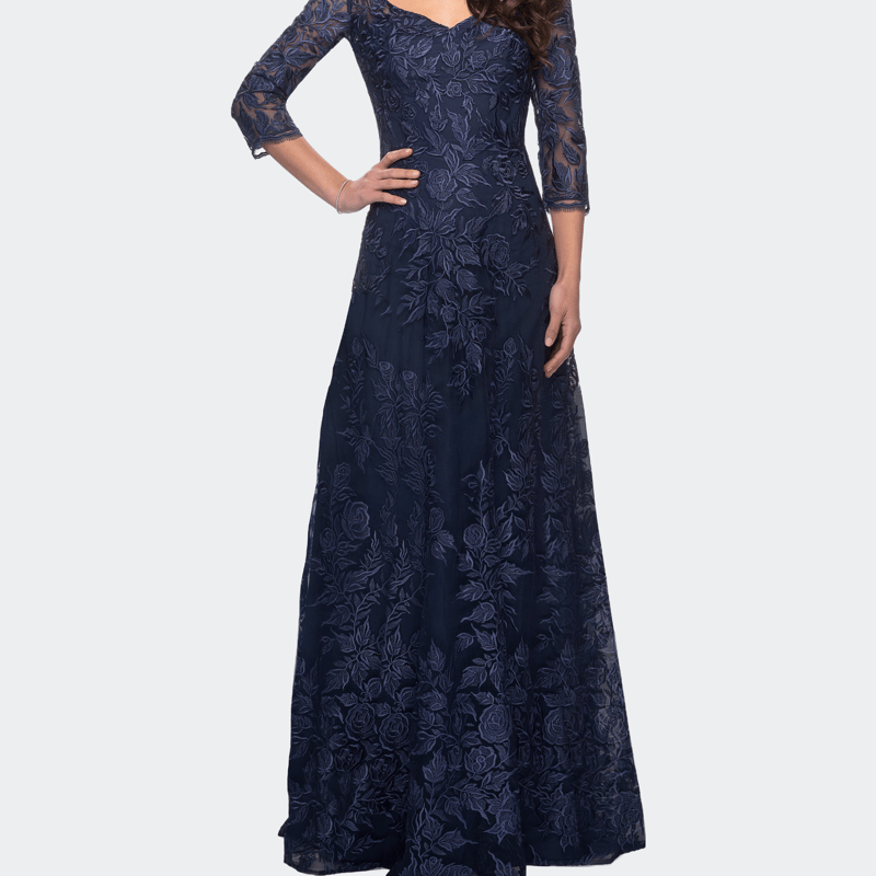 La Femme Long Lace A-line Three Quarter Sleeve Gown In Navy