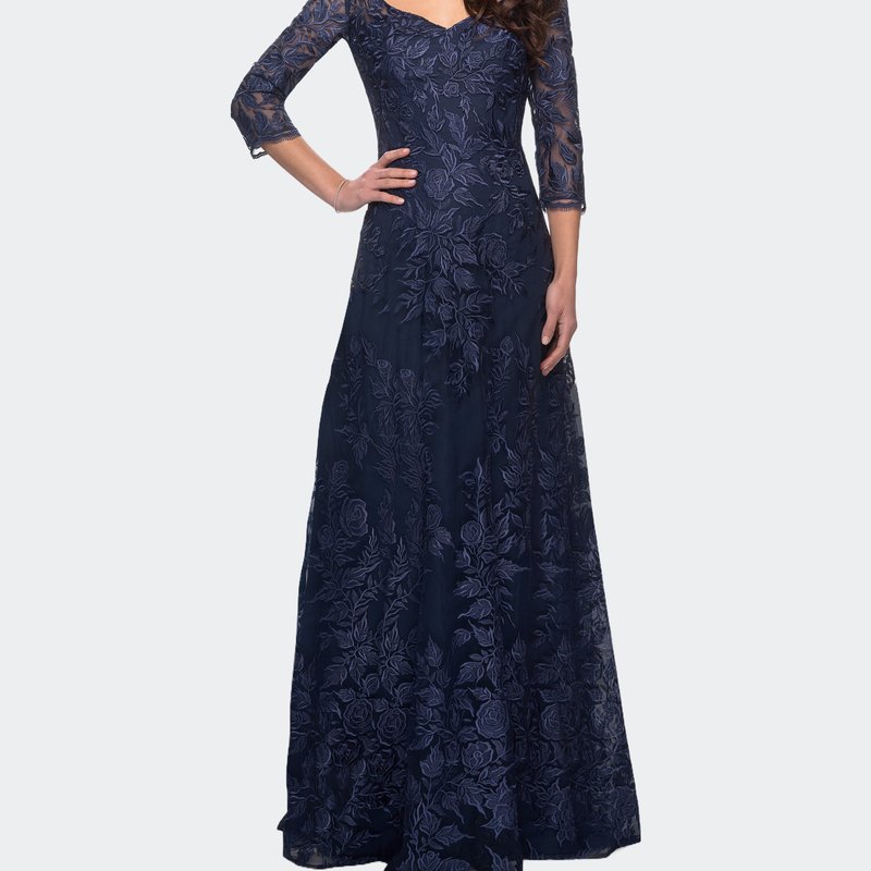 La Femme Long Lace A-line Three Quarter Sleeve Gown In Blue