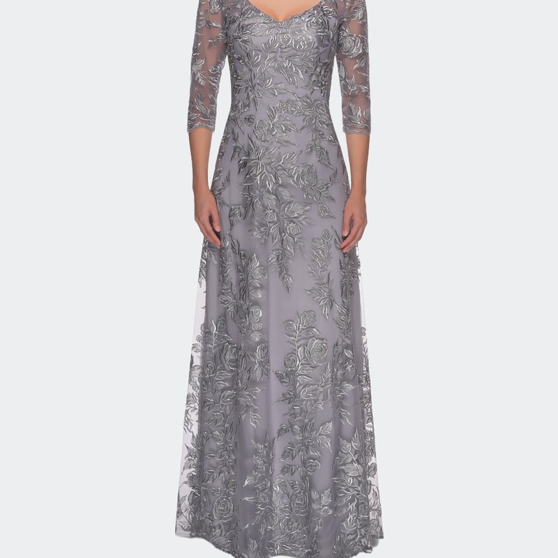 La Femme Long Lace A-line Three Quarter Sleeve Gown In Grey