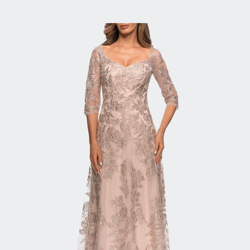 La Femme Long Lace A-line Three Quarter Sleeve Gown In Champagne