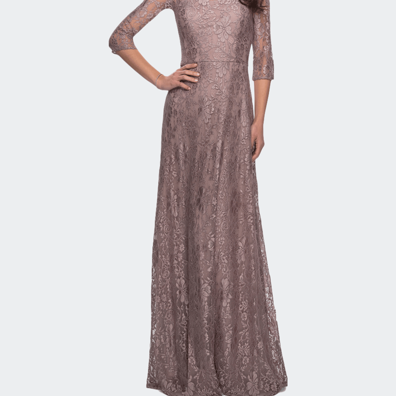 La Femme Long Lace Dress With Empire Waist And 3/4 Sleeves In Brown