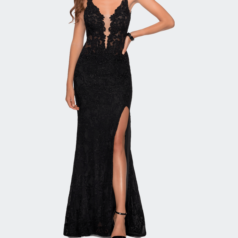 La Femme Long Lace Dress With Plunging Neckline In Black