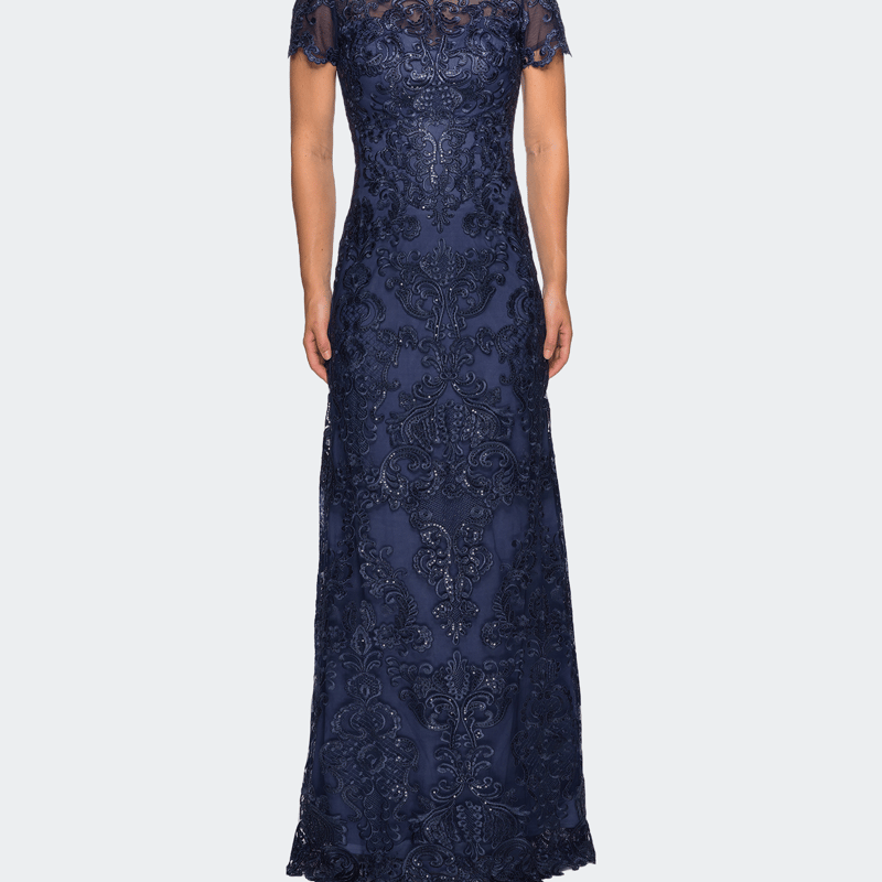 La Femme Long Lace Dress With Rhinestones And Short Sleeves In Blue