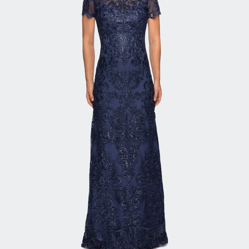 La Femme Long Lace Dress With Rhinestones And Short Sleeves In Navy