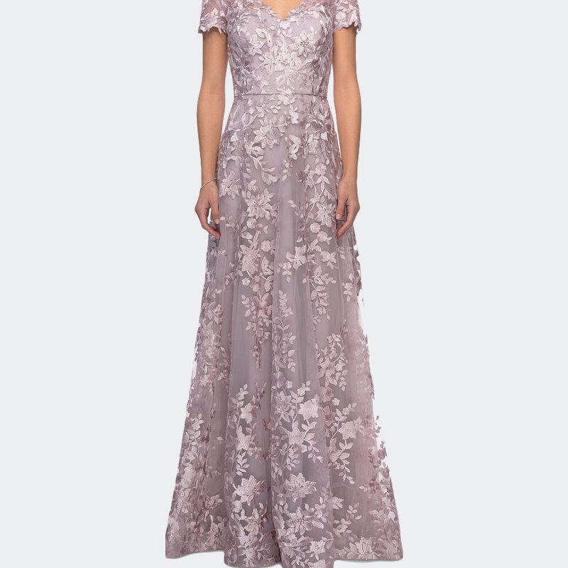 La Femme Long Lace Evening Dress With Cap Sleeves In Antique Blush