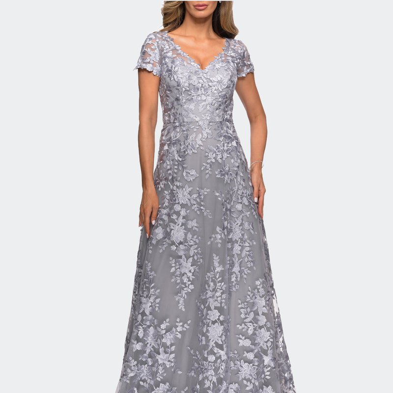 La Femme Long Lace Evening Dress With Cap Sleeves In Platinum