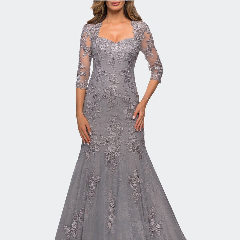 Shop La Femme Long Lace Mermaid Gown With Square Neckline In Grey