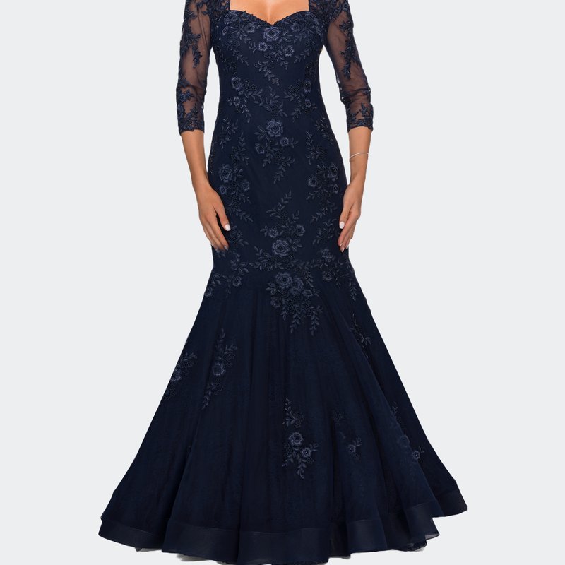 La Femme Long Lace Mermaid Gown With Square Neckline In Navy