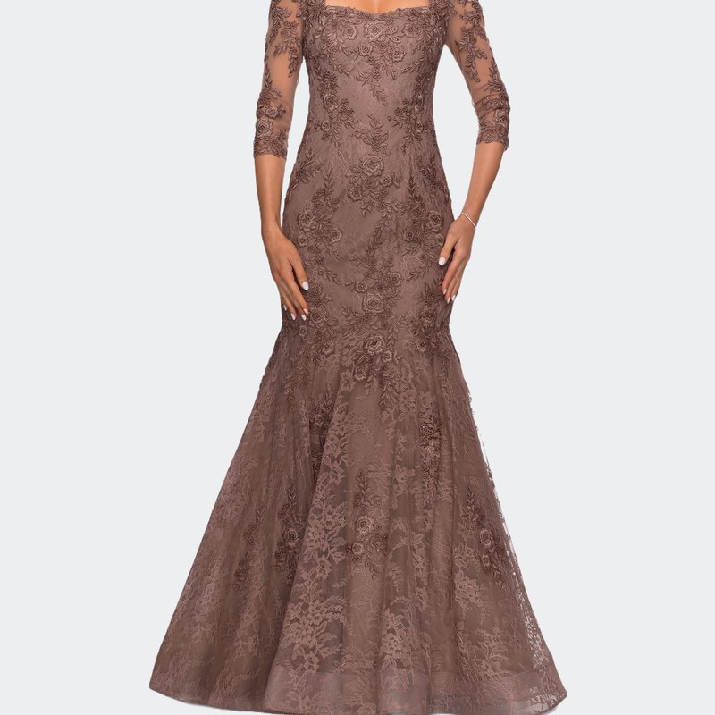 Shop La Femme Long Lace Mermaid Gown With Square Neckline In Brown