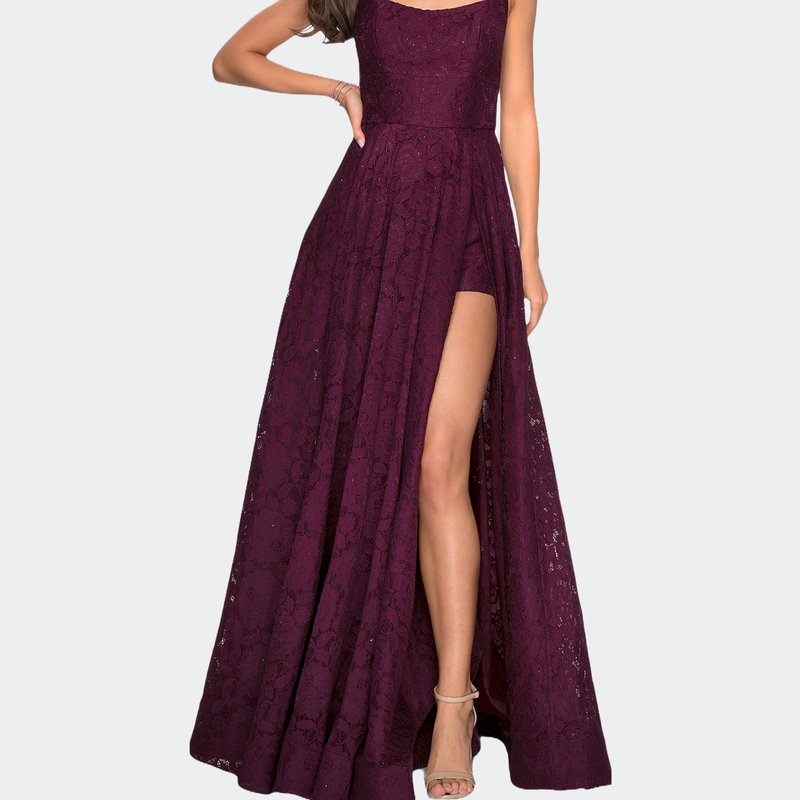 La Femme Long Lace Prom Dress With Attached Shorts In Purple