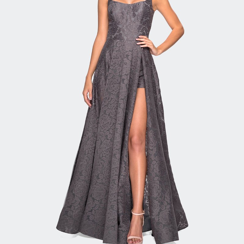 La Femme Long Lace Prom Dress With Attached Shorts In Grey