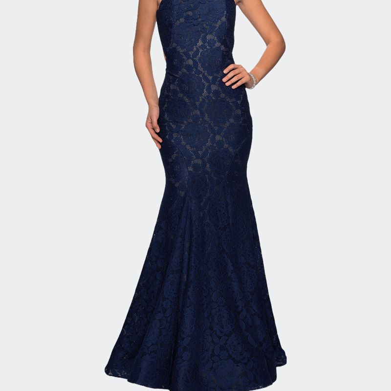 La Femme Long Lace Prom Dress With High Neckline In Blue