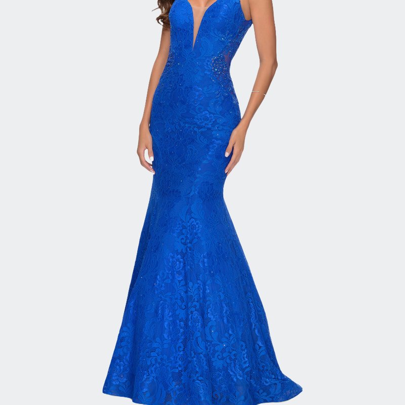 Shop La Femme Long Mermaid Lace Dress With Back Rhinestone Detail In Blue