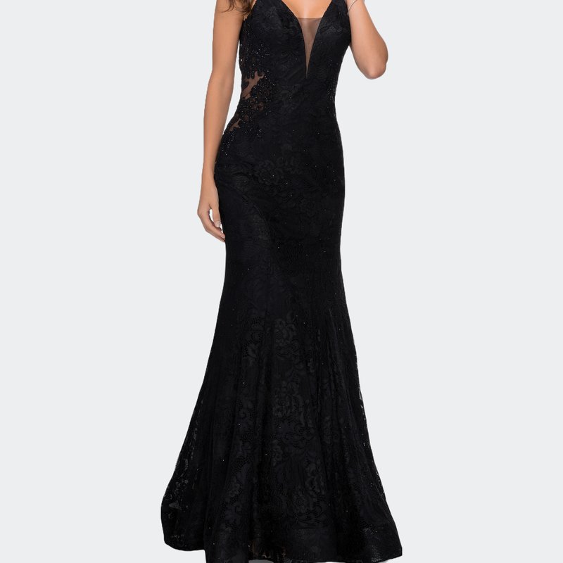 Shop La Femme Long Mermaid Lace Dress With Back Rhinestone Detail In Black