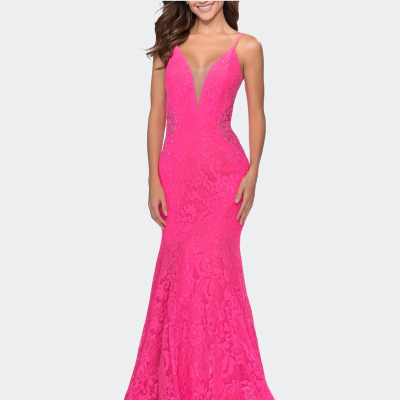 Shop La Femme Long Mermaid Lace Dress With Back Rhinestone Detail In Pink