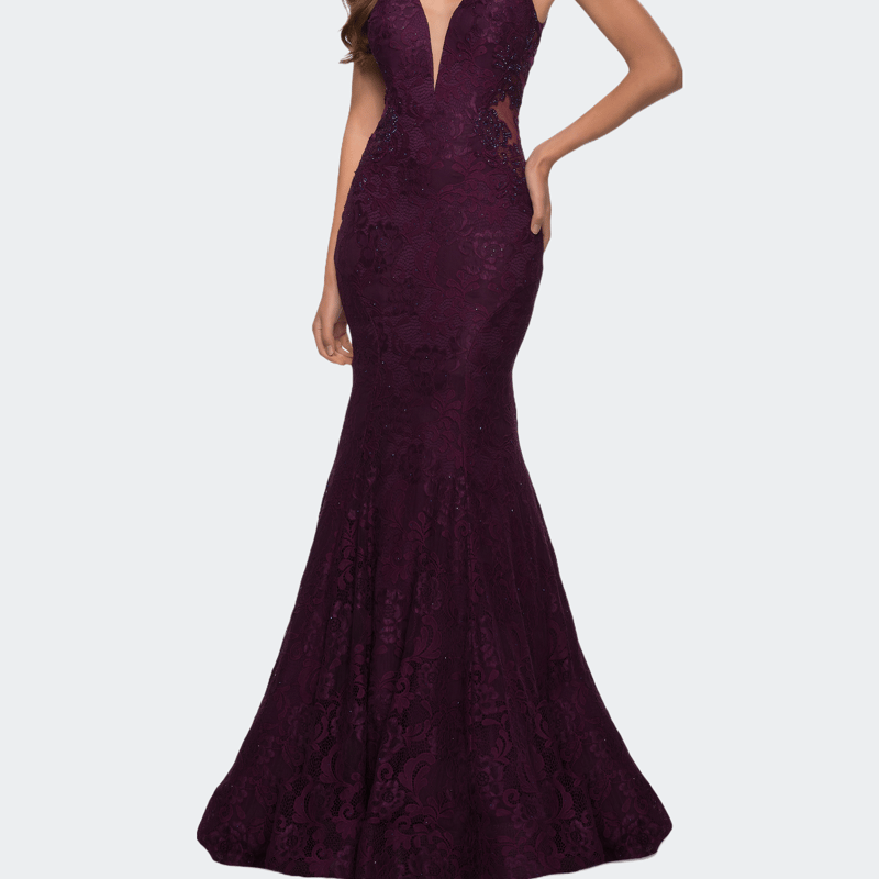 Shop La Femme Long Mermaid Lace Dress With Back Rhinestone Detail In Purple