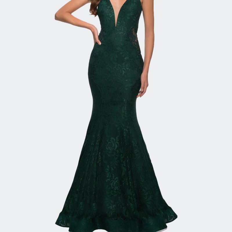 La Femme Long Mermaid Lace Dress With Back Rhinestone Detail In Emerald