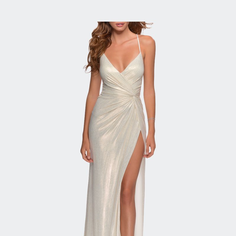 La Femme Long Metallic Jersey Prom Dress With Knot Detail In White