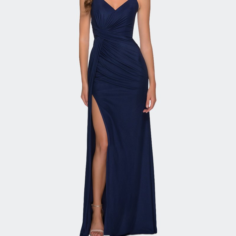 La Femme Long Net Jersey Prom Gown With Ruching And Slit In Blue