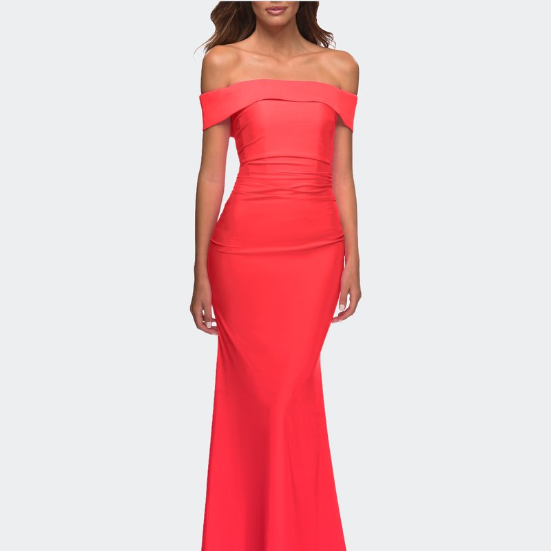 La Femme Long Off The Shoulder Ruched Neon Jersey Dress In Hot Coral