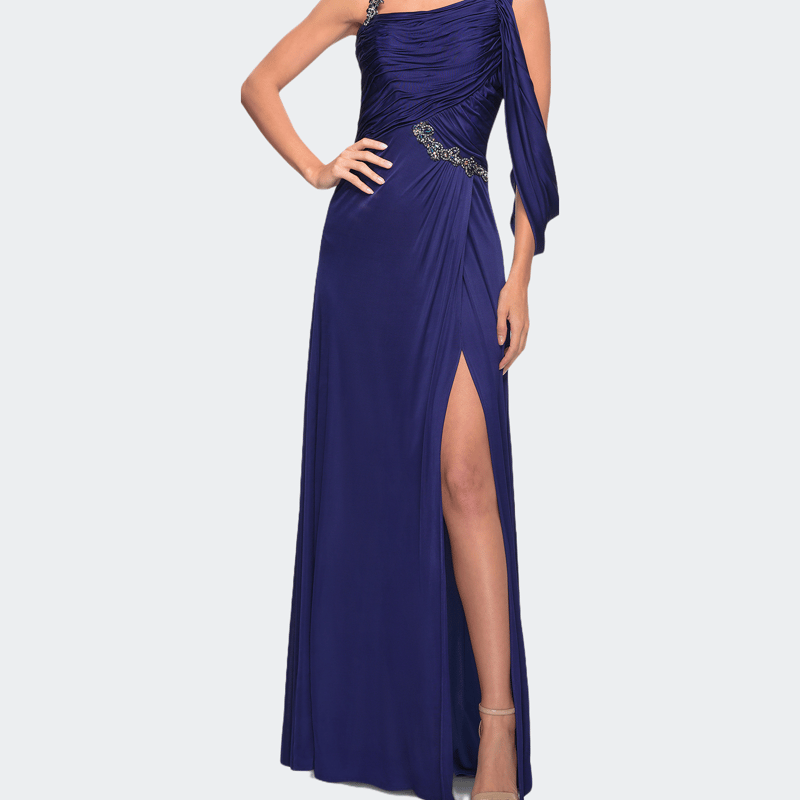 La Femme Long One Shoulder Jersey Gown With Intricate Floral Rhinestone Detail In Blue