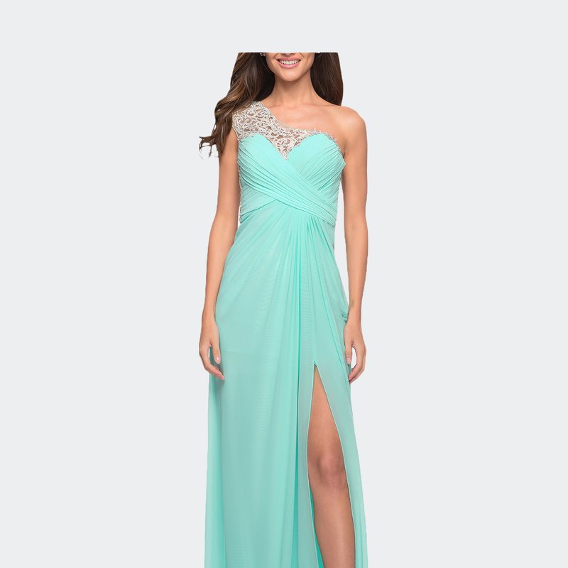 La Femme Long One Shoulder Jersey Prom Dress With Embroidery In Light Mint