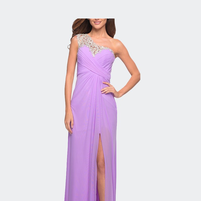 Shop La Femme Long One Shoulder Jersey Prom Dress With Embroidery In Purple
