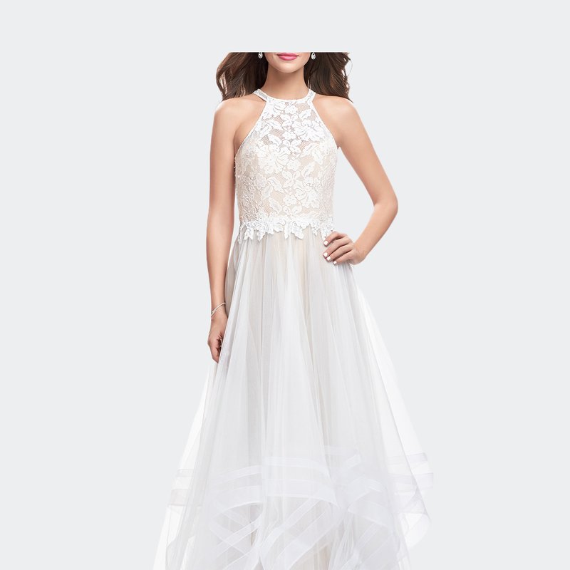 La Femme Long Prom Ball Gown With Tulle Overlay And Beaded Top In White